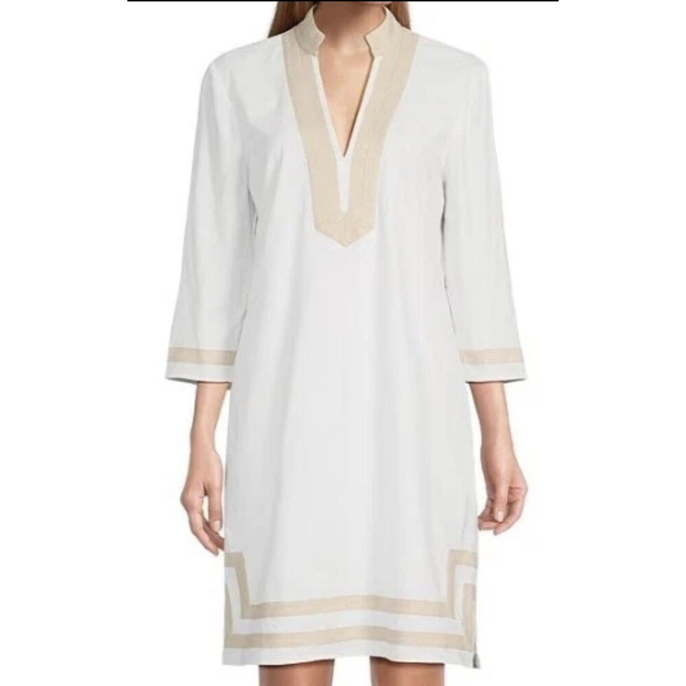 $139 NWOT Preston & York Dress Loretta Linen Blend Size 18 White Tan Minimalist